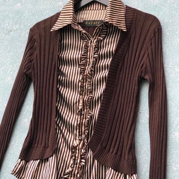 LAYAVI Brown and Beige Combined Long Sleeve Top Size M/L - Picture 8 of 12